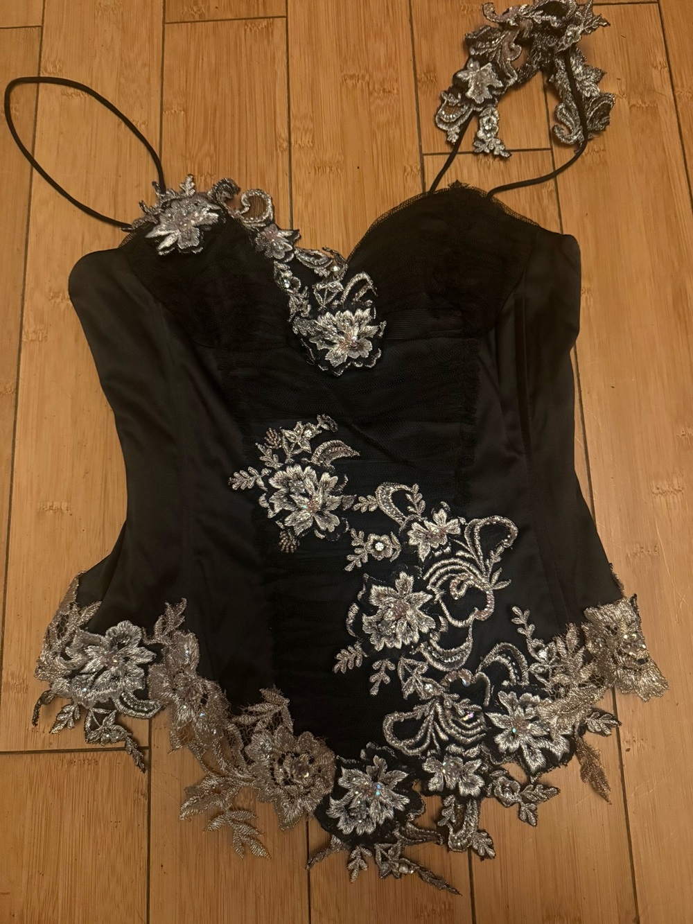Mandalay Corset Top with Silver Floral Embroidery NWT